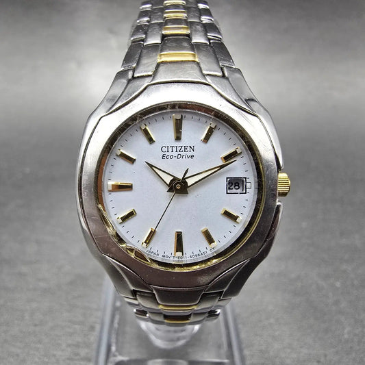 Citizen Eco-Drive Watch Women 25mm White Dial Two Tone Date Round E011 Works0