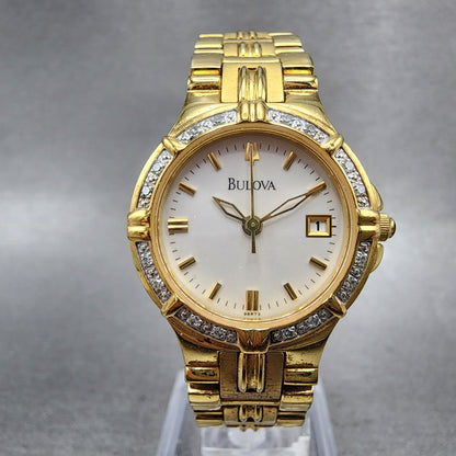 Bulova Watch Women 25mm White Dial Gold Tone Date Diamond Bezel 98R73 New Batt0