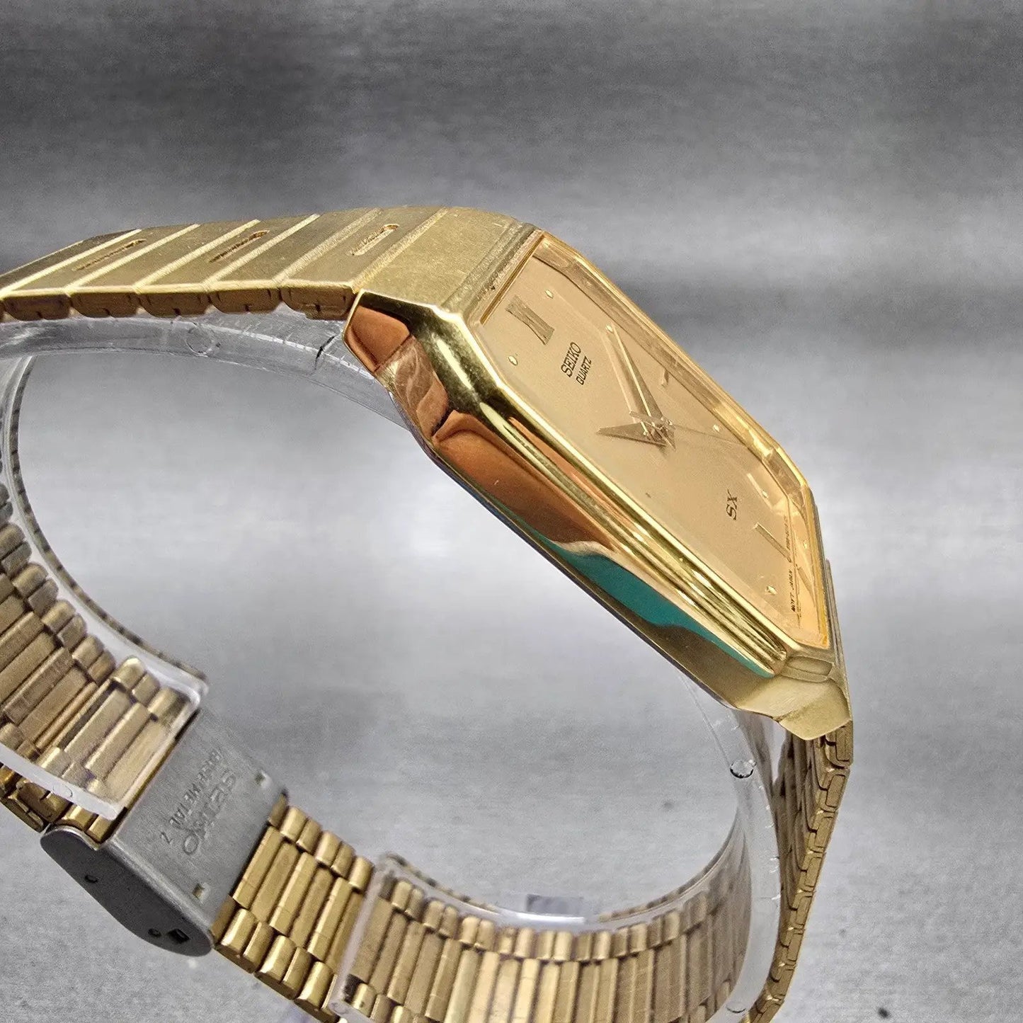 Seiko SX Watch Men 27mm Gold Dial Gold Tone Rectangle 5Y95-5020 New Battery VTG3