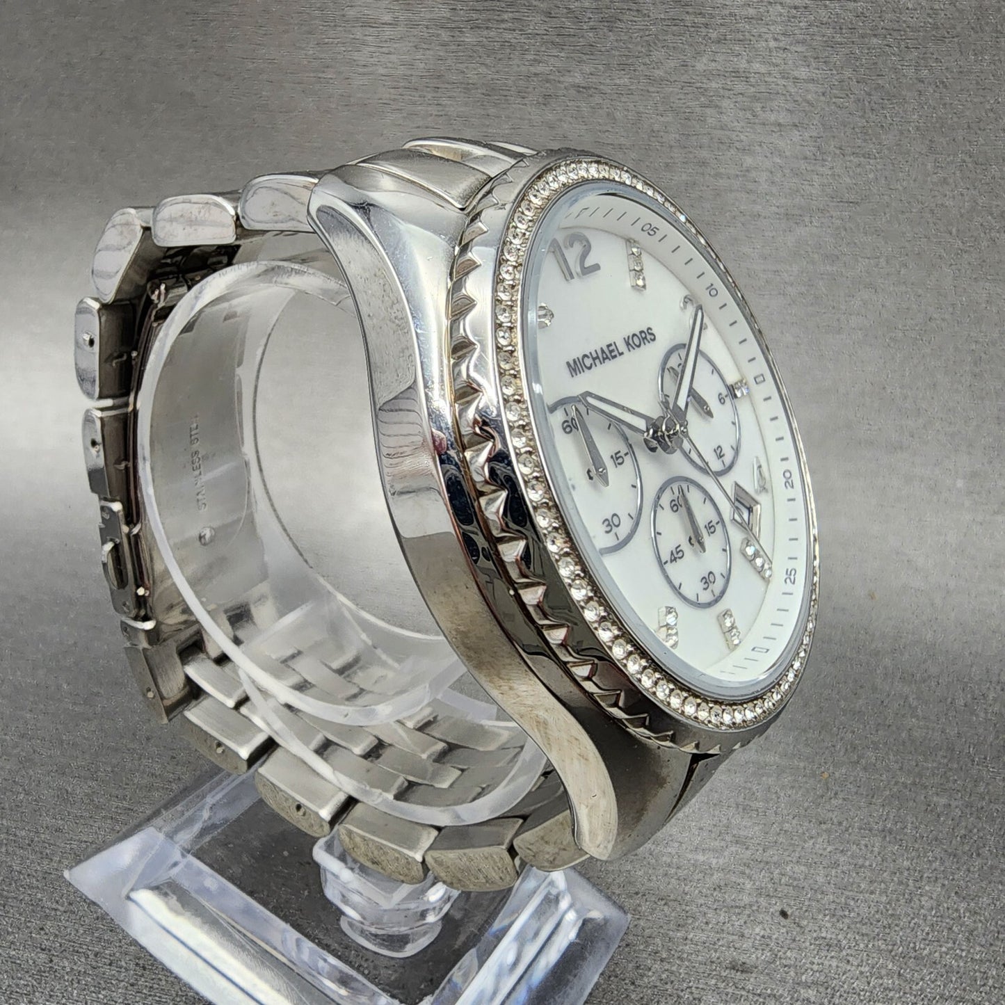 Michael Kors Glitz Chronograph Watch Women 42mm MOP Dial Steel Date Round MK53463