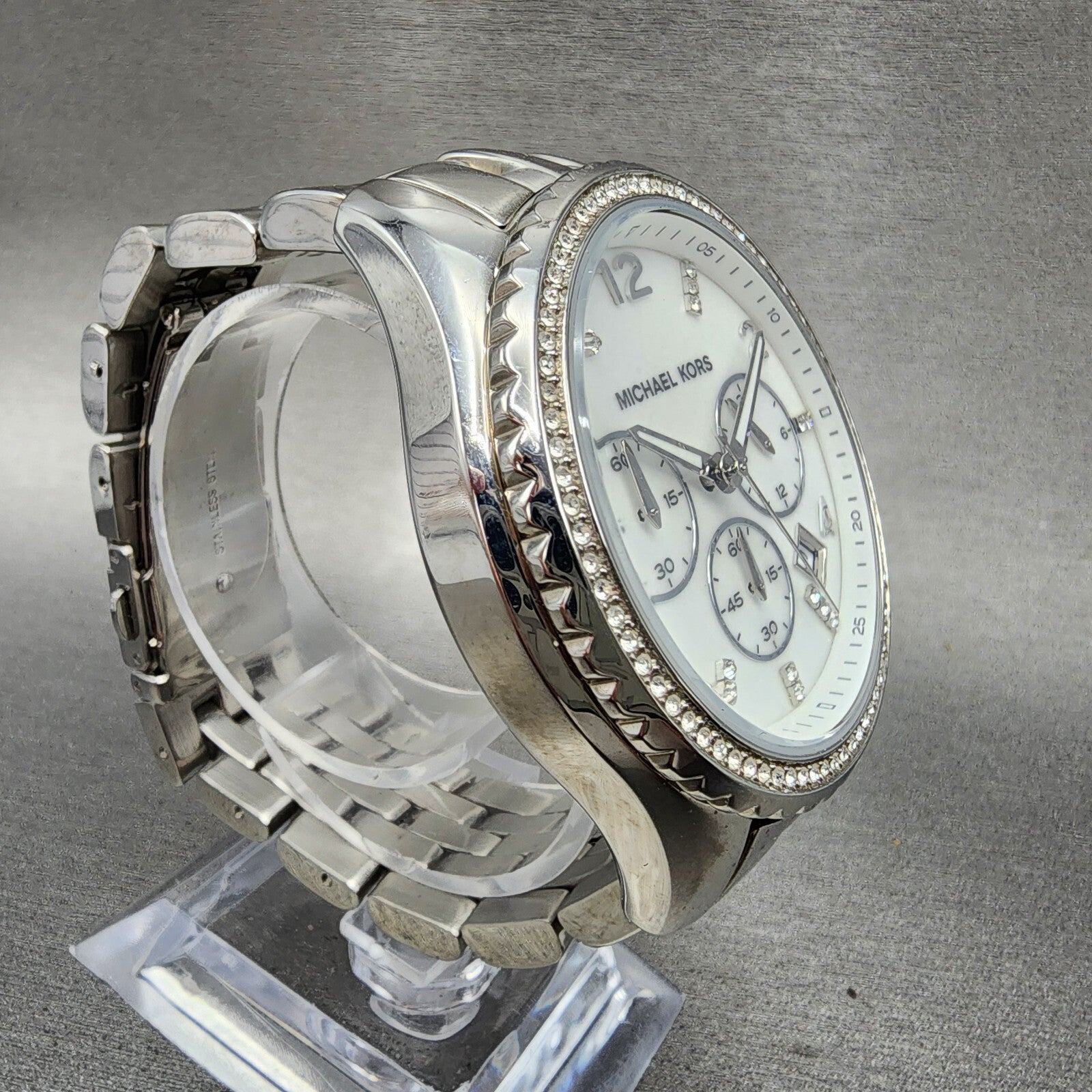 Michael Kors Glitz Chronograph Watch Women 42mm MOP Dial Steel Date Round MK53463