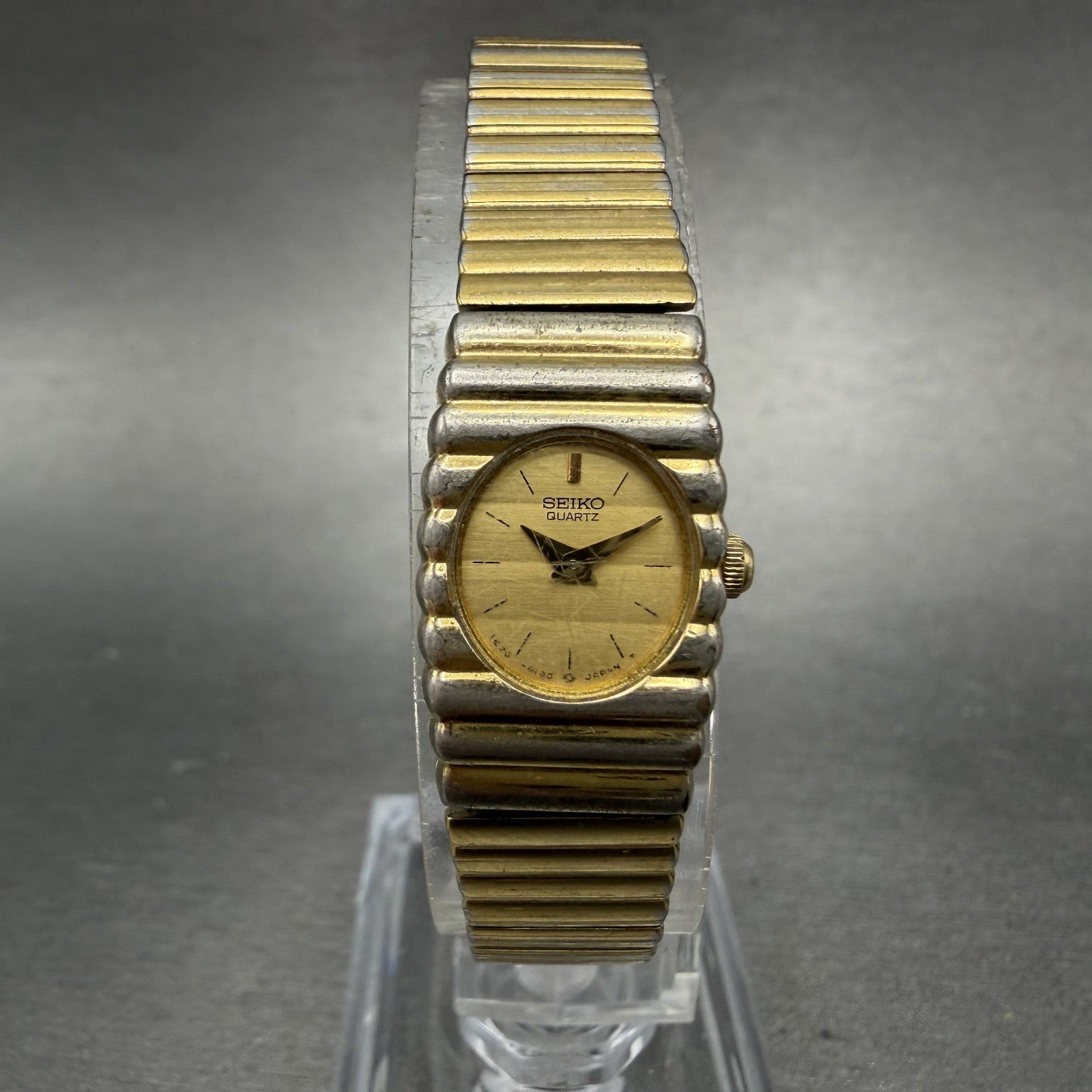 Seiko Watch Women 14mm Champagne Dial Gold Tone Rectangle 1E20-5099 New Battery0
