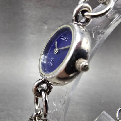 Gucci Watch Women 20mm Blue Dial Sterling Silver Round 2900 New Battery VintageK2