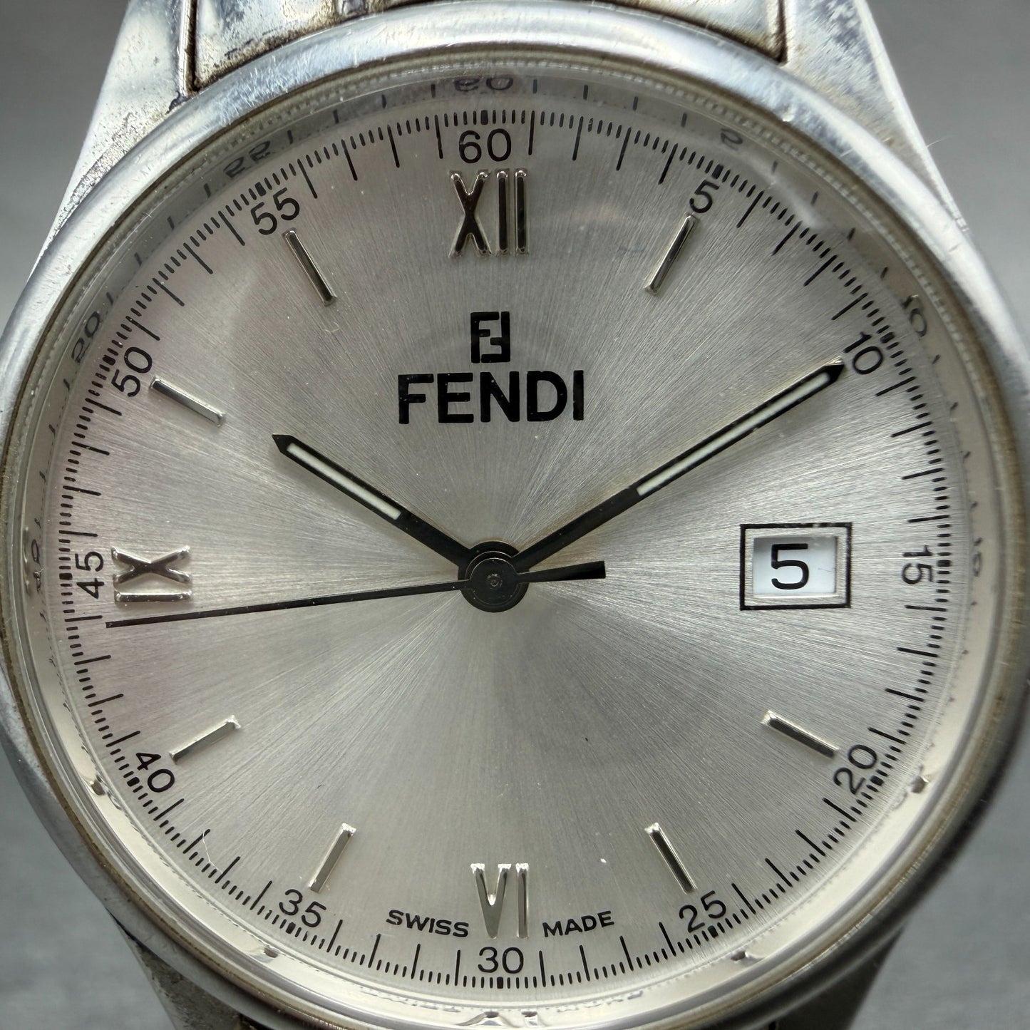 Fendi Orologi Watch Men 35mm Silver Dial Silver Tone Date Round 061-036 New Batt1