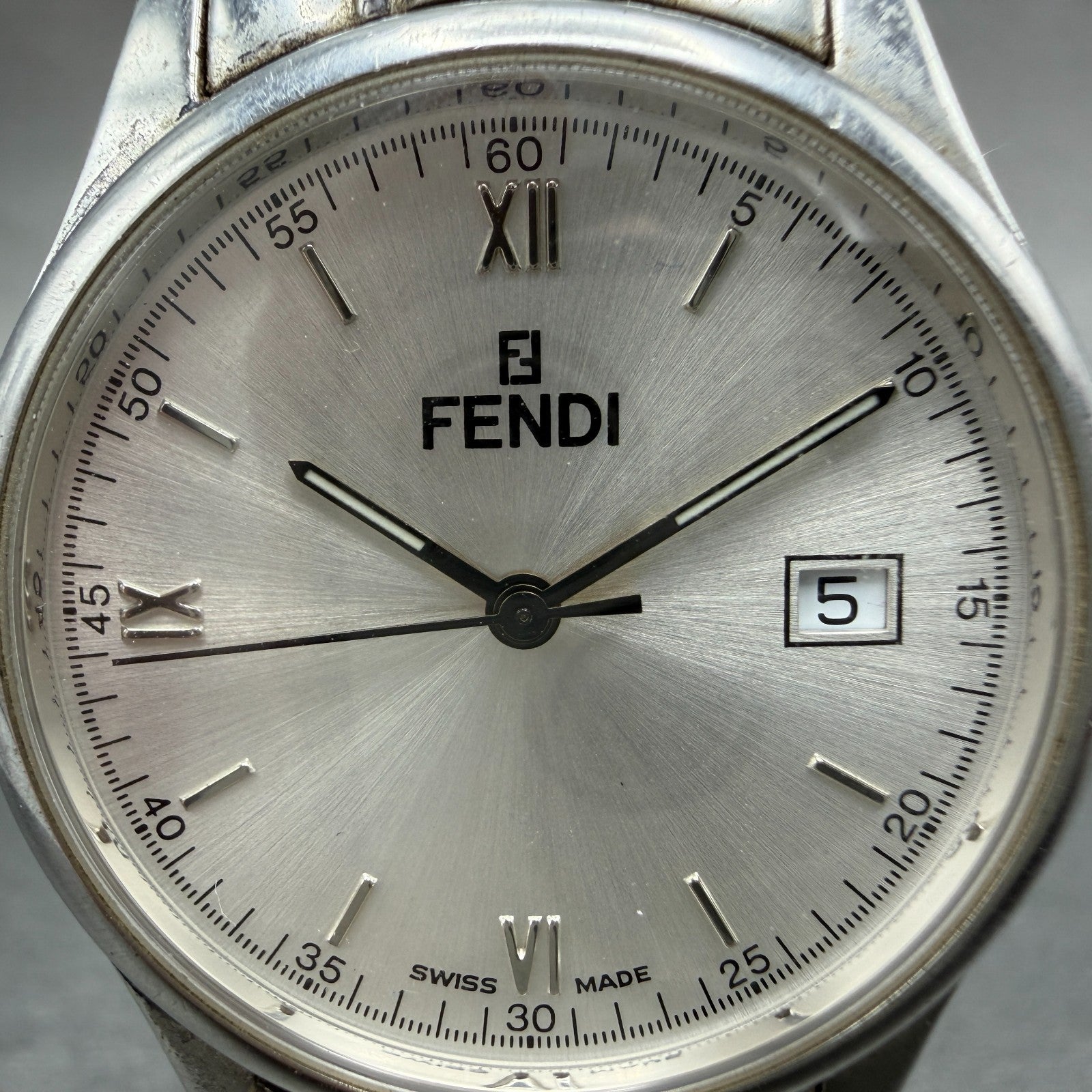 Fendi Orologi Watch Men 35mm Silver Dial Silver Tone Date Round 061-036 New Batt1