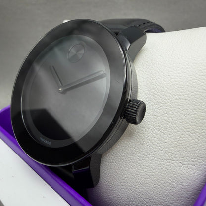 Movado Bold Watch Men 42mm Black Dial Black Tone Leather Band W/box New Battery3