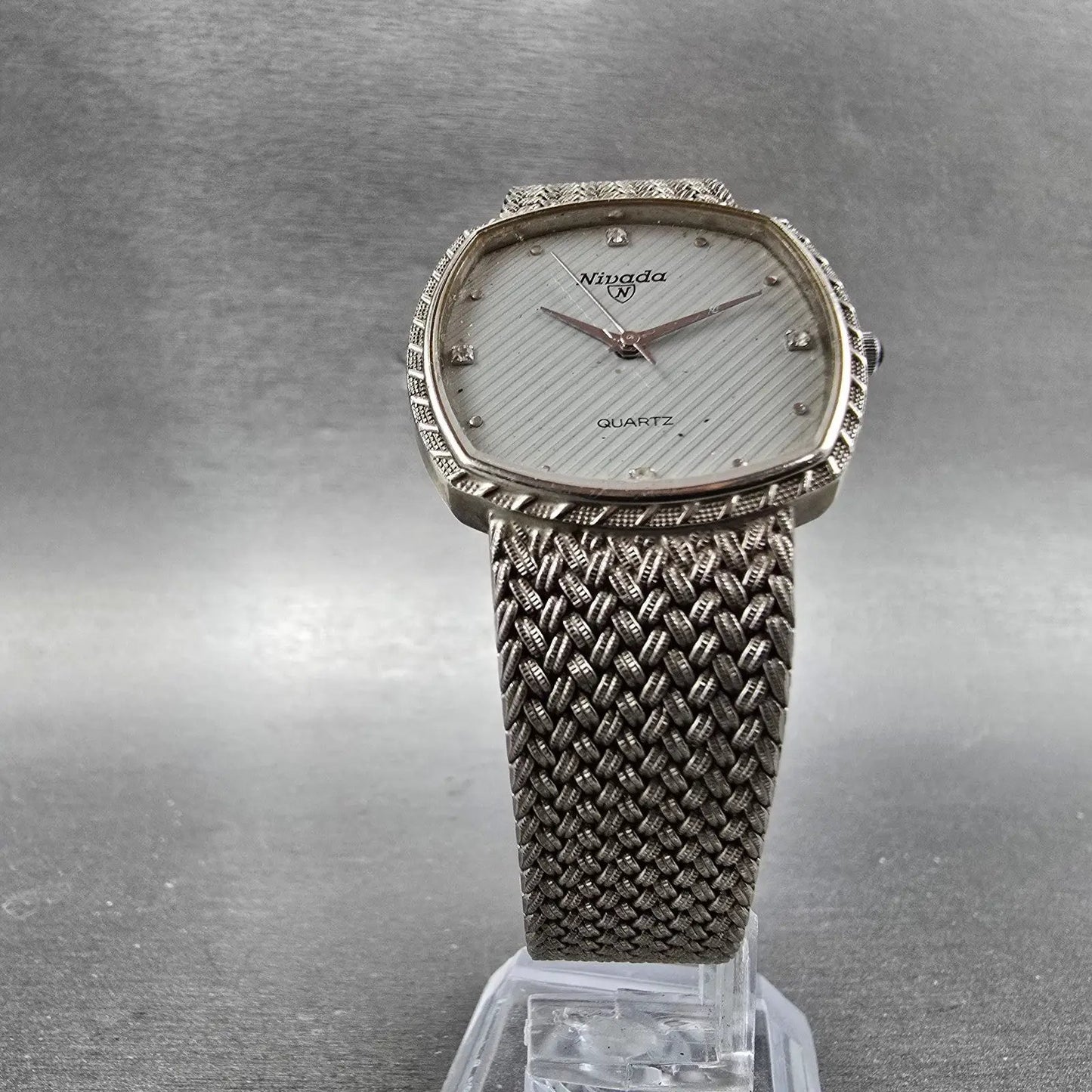 Nivada Watch Men 30mm Gray Dial Silver Tone Rectangle Mesh Band New Battery6