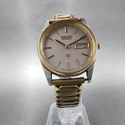 Seiko SQ Watch Men34mm Silver Dial Two Tone Daydate READ!! 8223-6021 New Battery