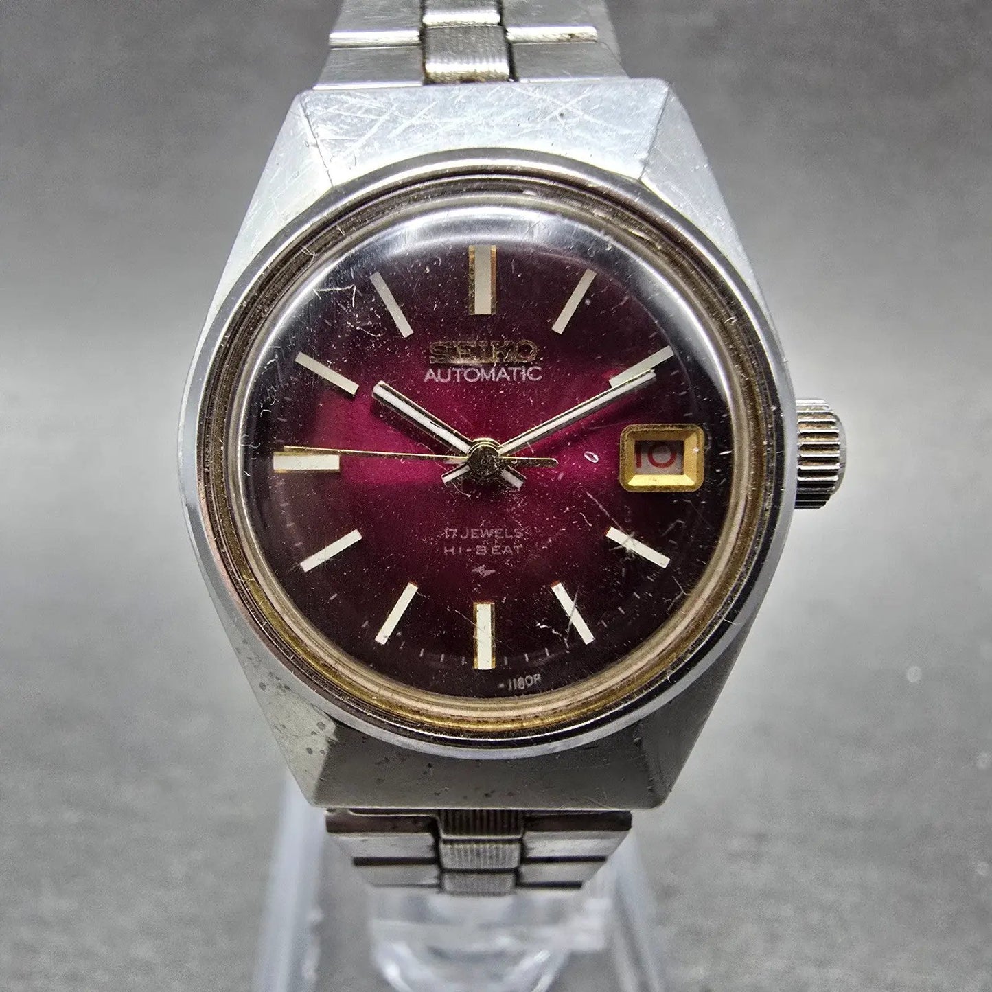 Seiko Automatic Watch Women 24mm Purple Dial Silver Tone Date 2205-0679 Runs VTG1