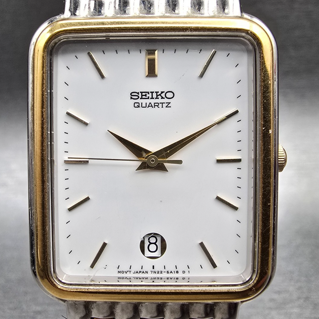 Seiko Tank Watch Men 26mm White Dial Two Tone Date Rectangle 7N22-5A10 New Batt1
