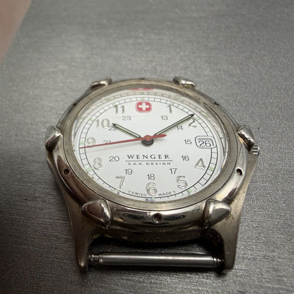 Wenger SAK Watch Men 35mm White Dial Steel Date Round Leather Band New BatteryBH2