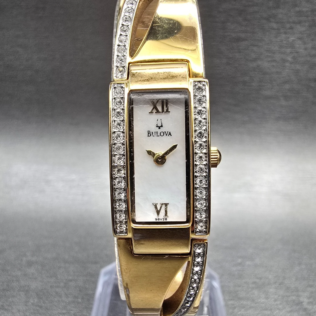 Bulova Watch Women 14mm MOP Dial Gold Tone Crystals Rectangle 98V28 New Battery0