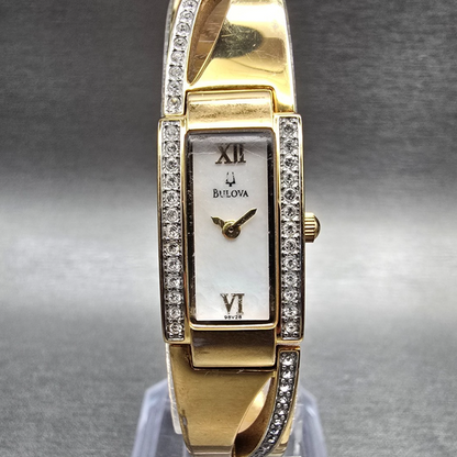 Bulova Watch Women 14mm MOP Dial Gold Tone Crystals Rectangle 98V28 New Battery0