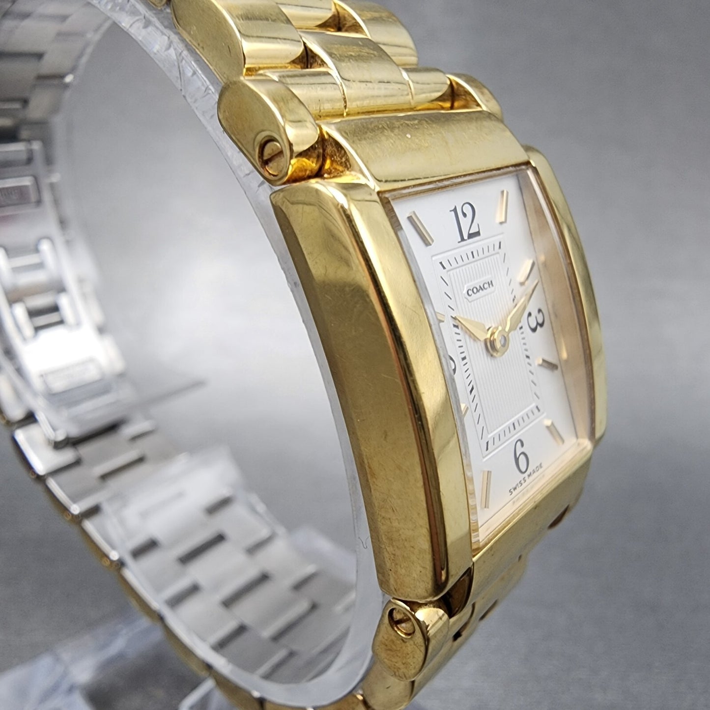 Coach Tank Watch Women 20mm White Dial Gold Tone Rectangle W015 New Battery3