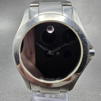 Movado Faceto Watch Men 39mm Black Dial Silver Tone 84 G2 1855 New Battery BNUIK0