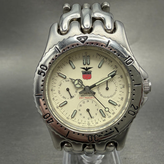Elgin Watch Men 37mm Cream Dial Silver Tone Round Daydate FK-553 New Battery0