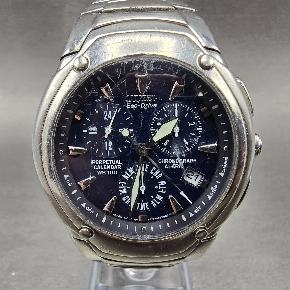 Citizen Eco-Drive Chrono Watch Men 39mm Blue Dial Silver Perpetual Calendar E8120