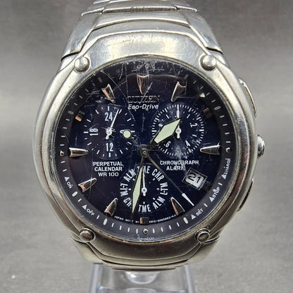 Citizen Eco-Drive Chrono Watch Men 39mm Blue Dial Silver Perpetual Calendar E8120