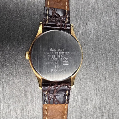 Seiko Watch Women 25mm Gold Dial Gold Tone Date Round 7N82-0101 New Battery JDM10