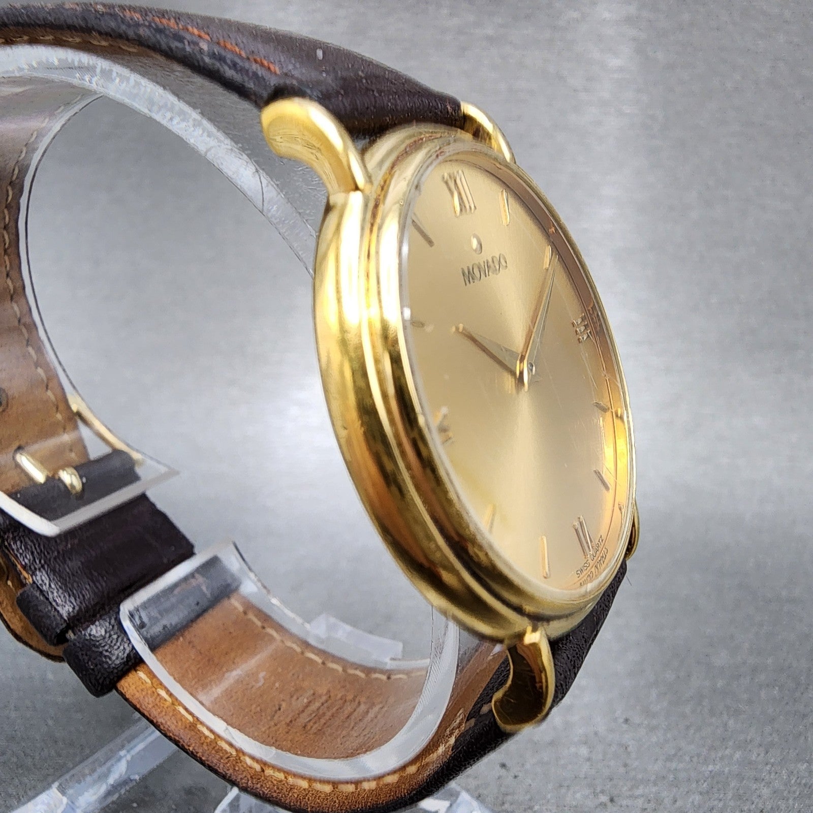 Movado Watch Men 34mm Gold Dial Gold Tone Round 87E40885 Leather New Battery3