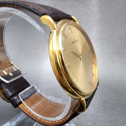 Movado Watch Men 34mm Gold Dial Gold Tone Round 87E40885 Leather New Battery3