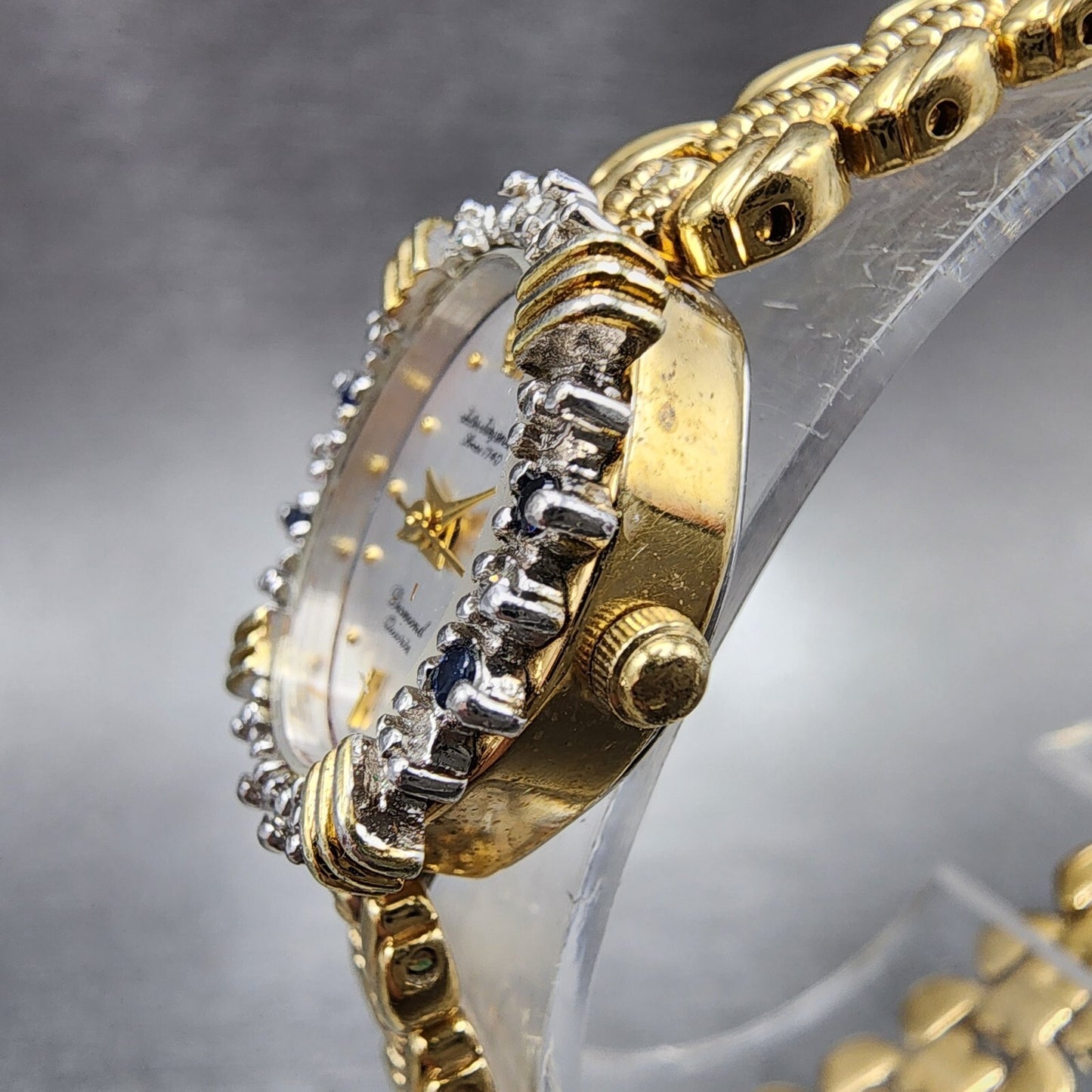 Jules Jurgenson Watch Women 17mm Silver Dial Gold Tone Diamond Bezel New Battery2
