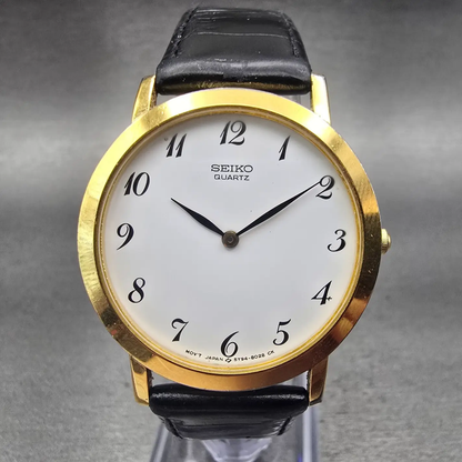 Seiko Watch Men 34mm White Dial Gold Tone Round 5Y94-8009 New Battery Vintage0
