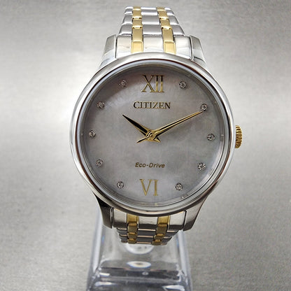Citizen Eco-Drive Watch Women 31mm MOP Dial Two Tone Crystal Markers EM0894-50D