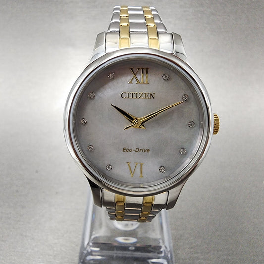 Citizen Eco-Drive Watch Women 31mm MOP Dial Two Tone Crystal Markers EM0894-50D