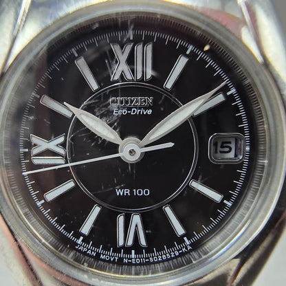 Citizen Watch Women 25mm Black Dial Silver Tone Date Round E011-S015502 Runs JP91