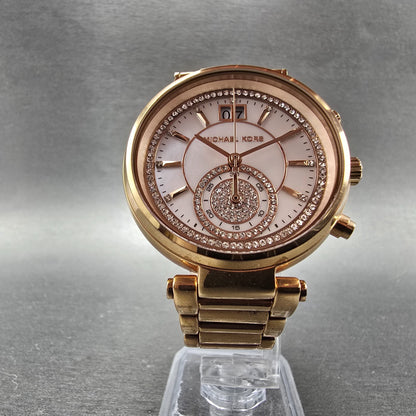 Michael kors Sawyer Watch Women 39mm MOP Dial Rose Gold Tone Date Chrono NewBatt5