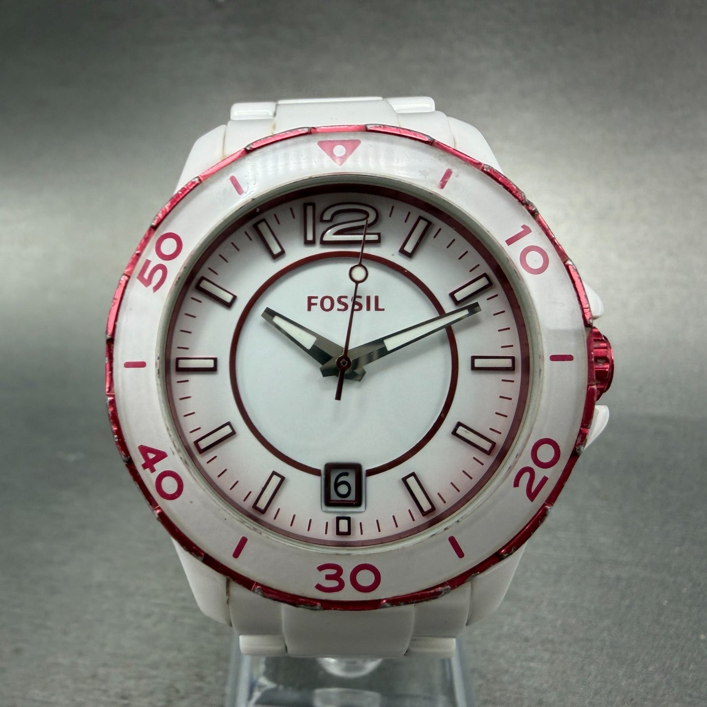Fossil Watch Women 39mm White Dial White Ceramic Date Round CE-1051 New Battery0