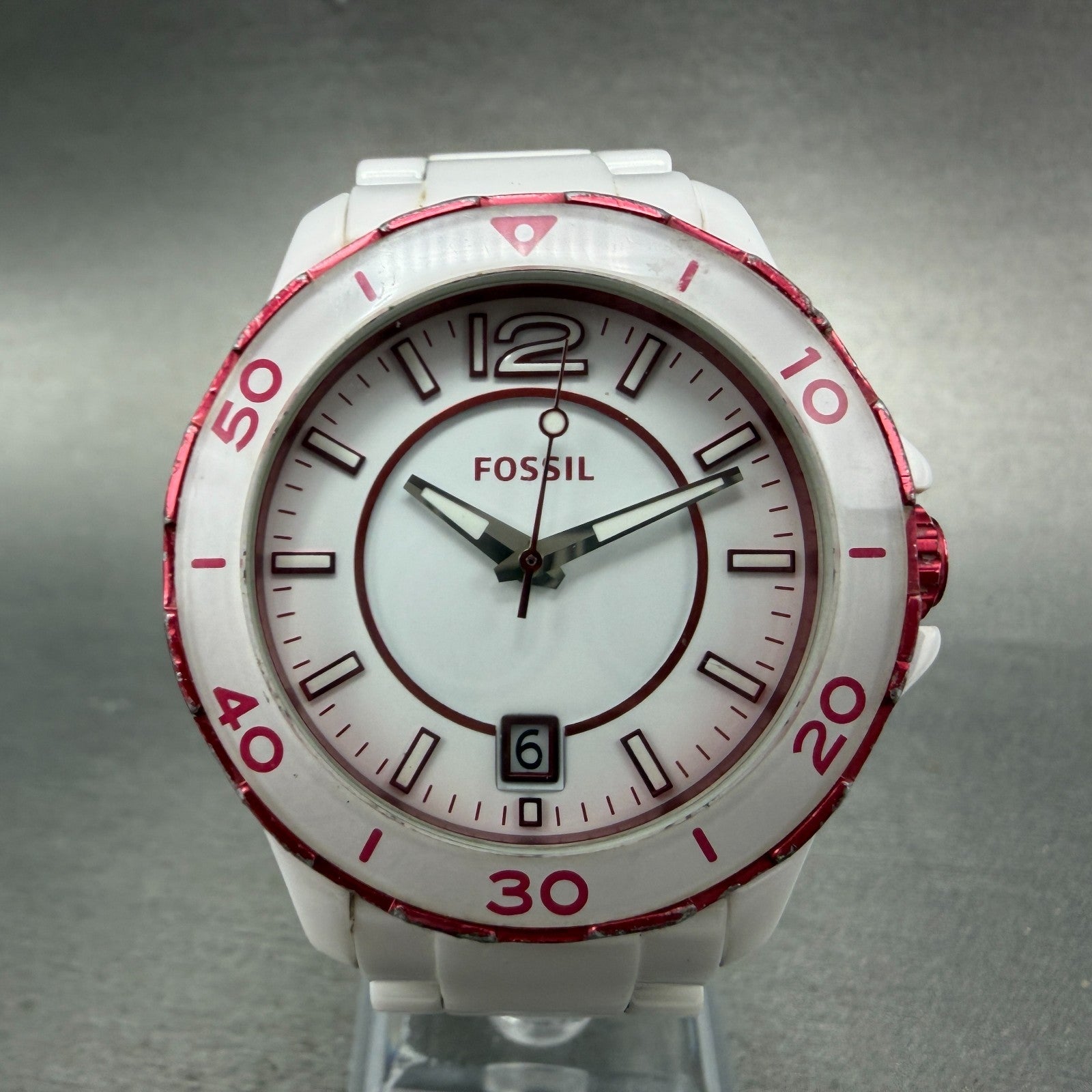 Fossil Watch Women 39mm White Dial White Ceramic Date Round CE-1051 New Battery0
