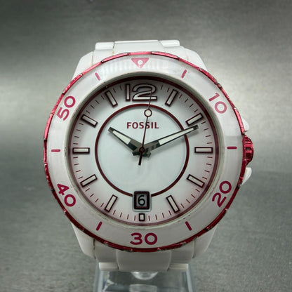 Fossil Watch Women 39mm White Dial White Ceramic Date Round CE-1051 New Battery0