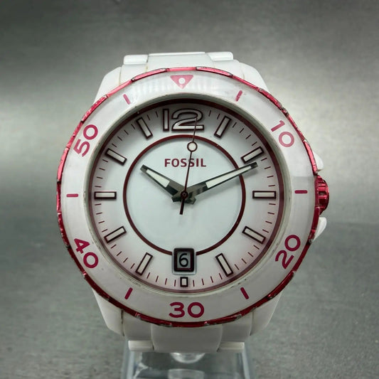 Fossil Watch Women 39mm White Dial White Ceramic Date Round CE-1051 New Battery0