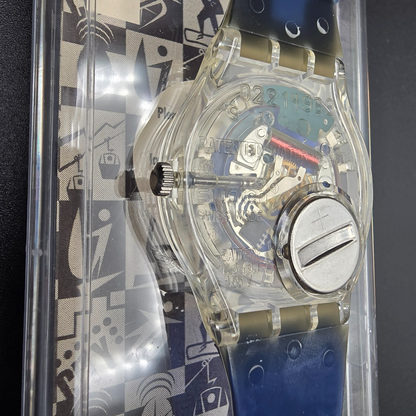 Swatch Access Lucky 7 Watch Men 34mm Blue Dial Clear Case SKZ116 New Battery NOS13