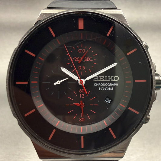 Seiko Chronograph Watch Men 44mm Black Dial Black Tone Date 7T92-0NG0 New Batt1