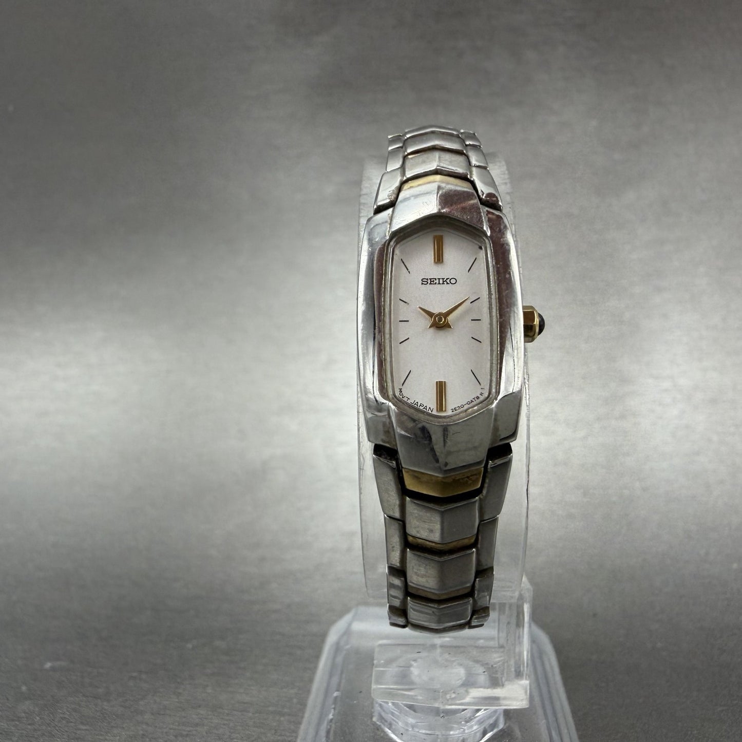 Seiko Watch Women 14mm Silver Dial Two Tone Rectangle 2e20-0at0 New Battery JUHO5