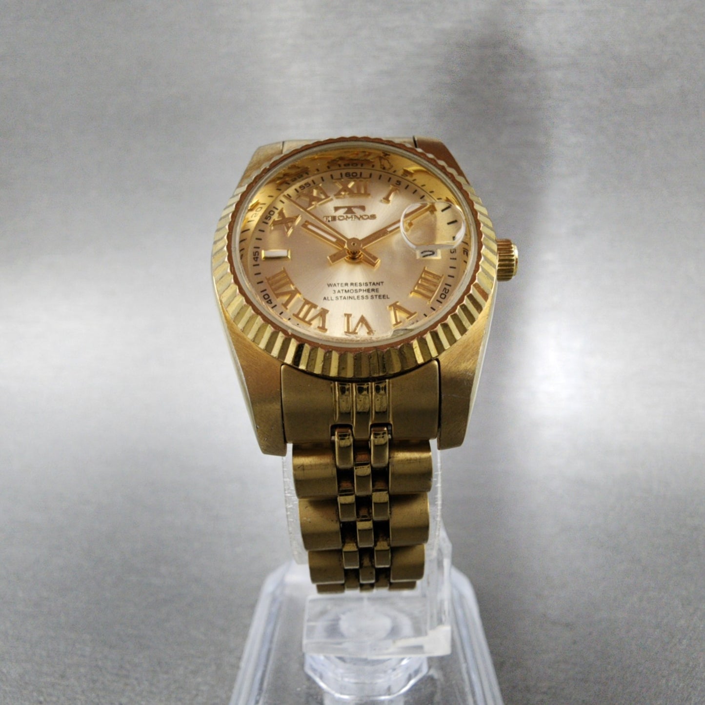 Technos Datejust Watch Women 27mm Champange Dial Gold Tone Date Round New Batt5