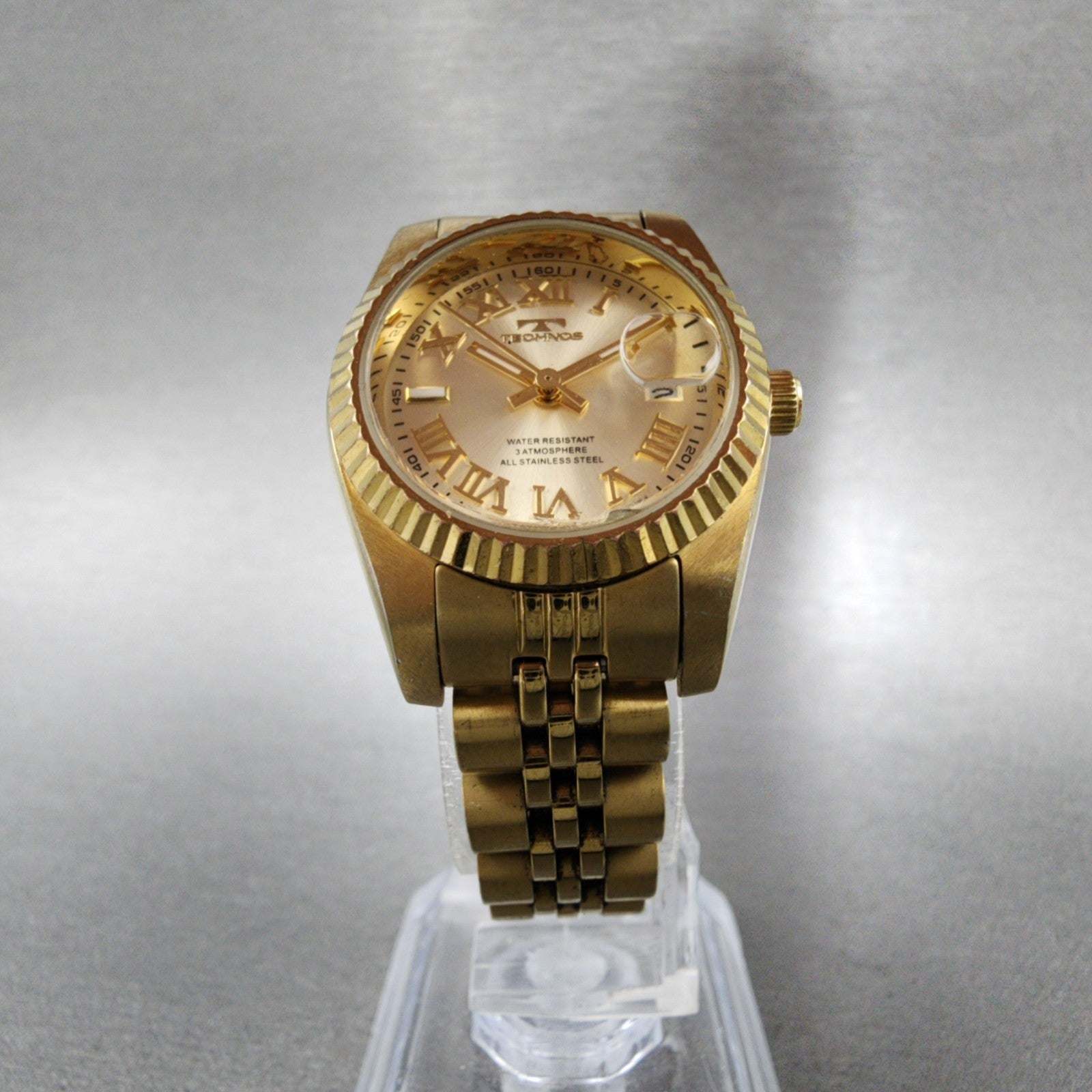 Technos Datejust Watch Women 27mm Champange Dial Gold Tone Date Round New Batt5