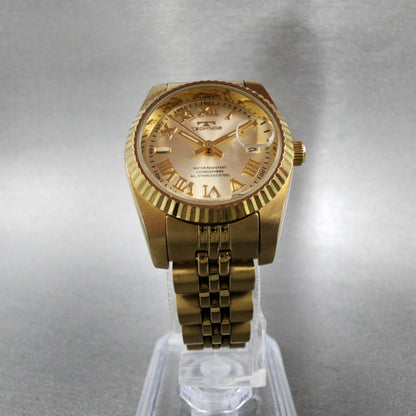 Technos Datejust Watch Women 27mm Champange Dial Gold Tone Date Round New Batt5