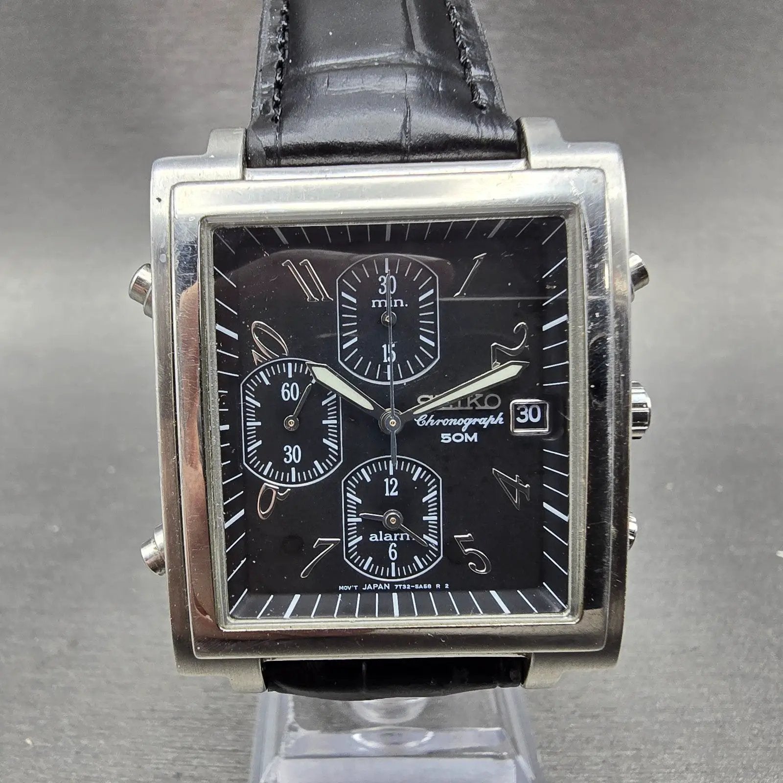 Seiko Tank Chronograph Watch Men 34mm Black Dial Silver Tone 7T32-5A70 New Batt0