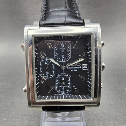 Seiko Tank Chronograph Watch Men 34mm Black Dial Silver Tone 7T32-5A70 New Batt0