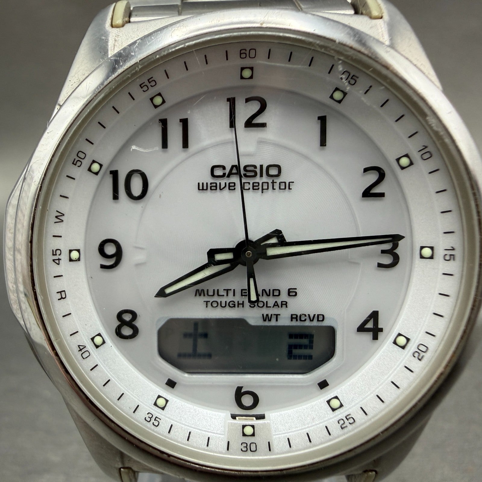 Casio Wave Ceptor Watch Men 42mm White Dial Steel Solar Analog Digital Works YUY1