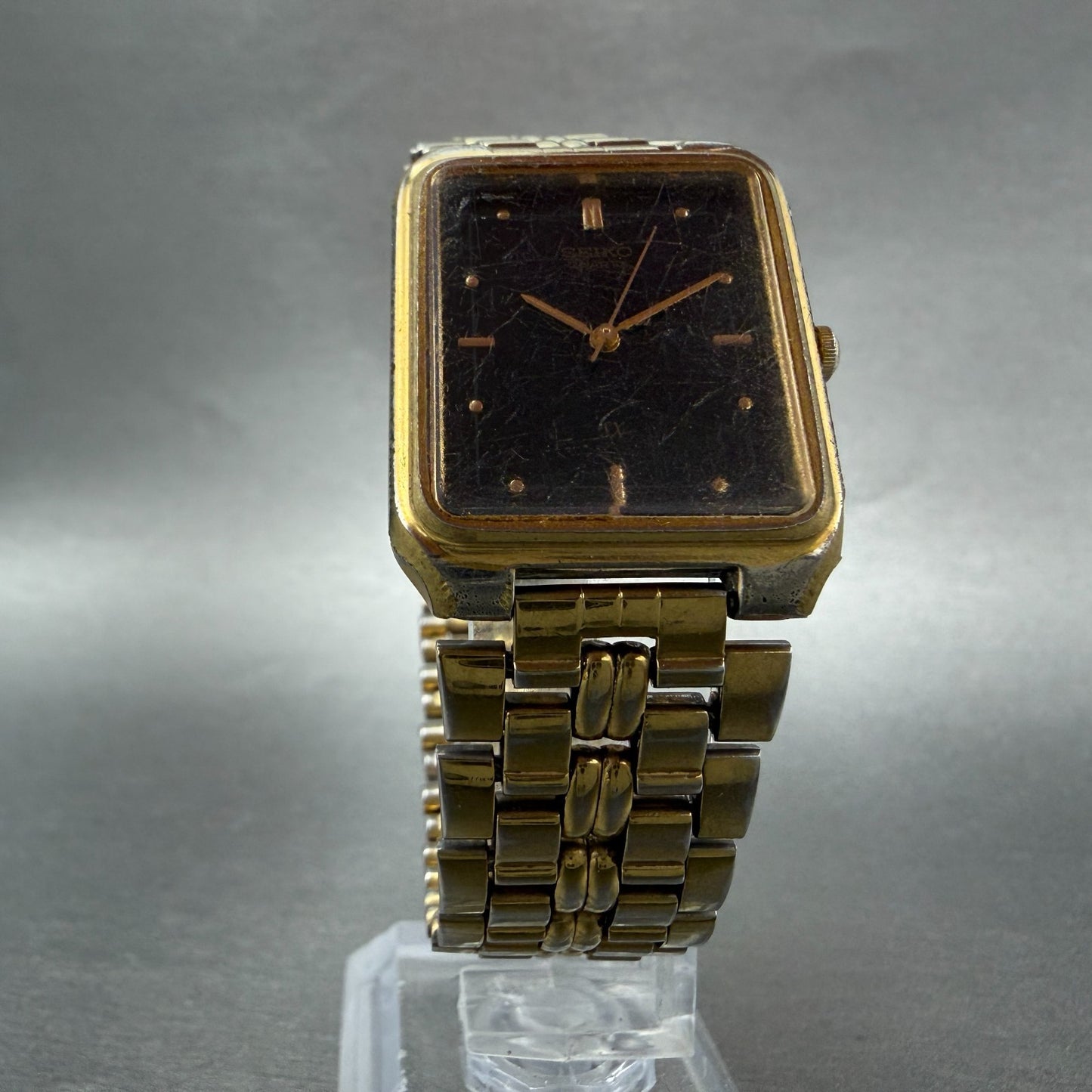 Seiko SX Tank Watch Men 26mm Black Dial Gold Tone Rectangle V701-5J00 NewBattery5