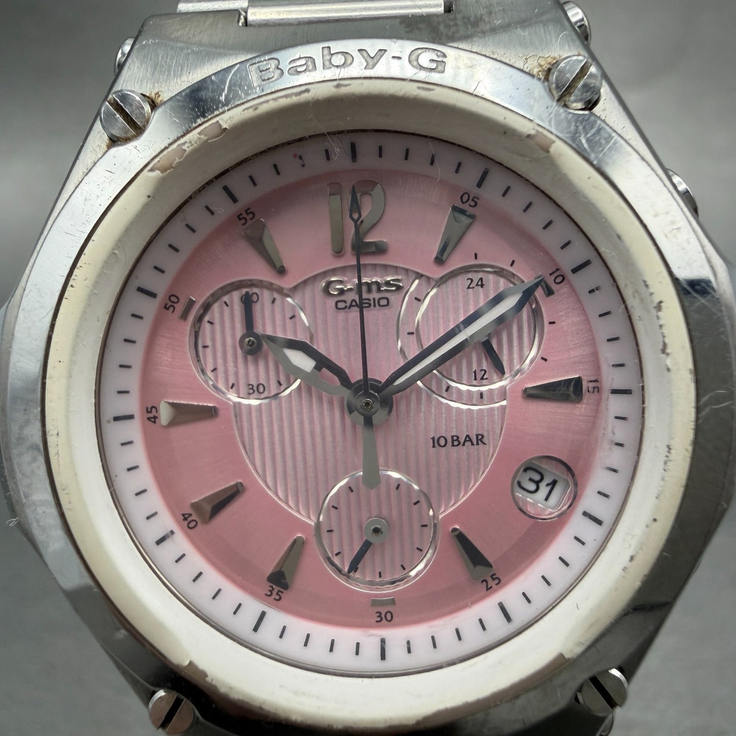 Casio Baby-G Chronograph Watch Women 37mm Pink Dial Steel Date Round New Battery1