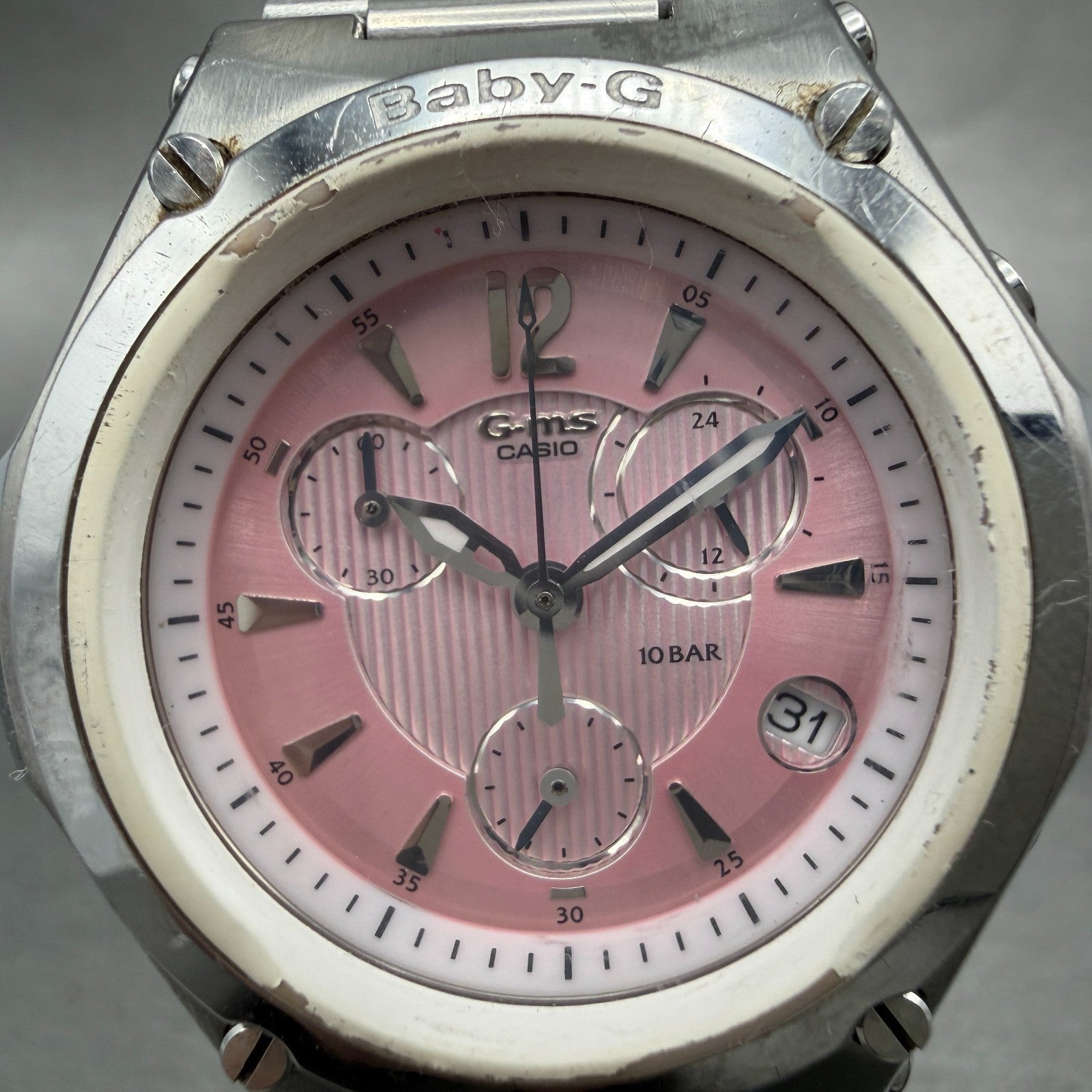 Casio Baby-G Chronograph Watch Women 37mm Pink Dial Steel Date Round New Battery1