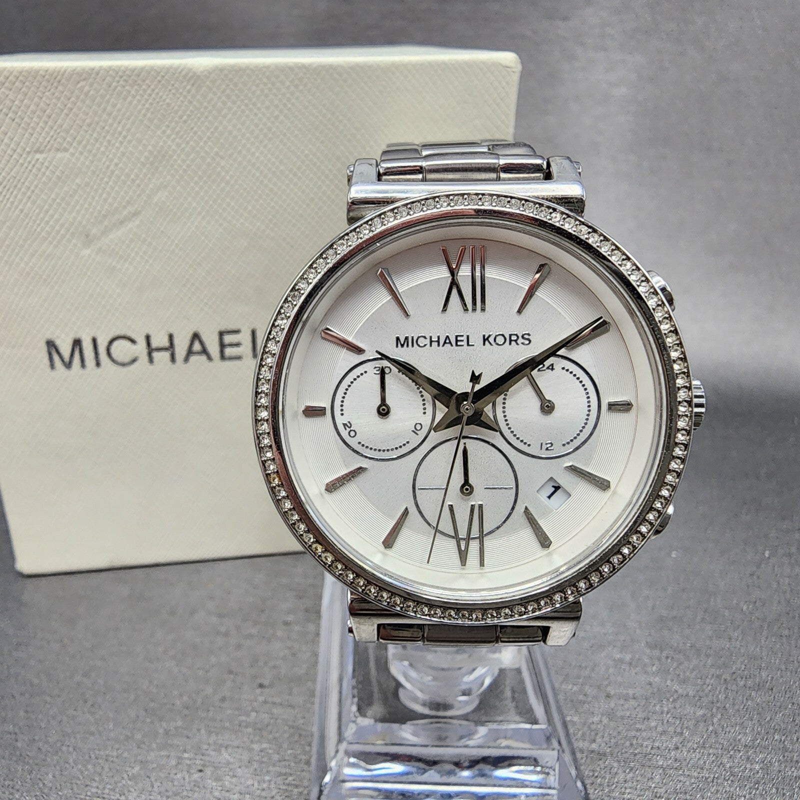 Michael Kors Sofie Watch Women 38mm White Dial Steel Date Chronograph New Batt0