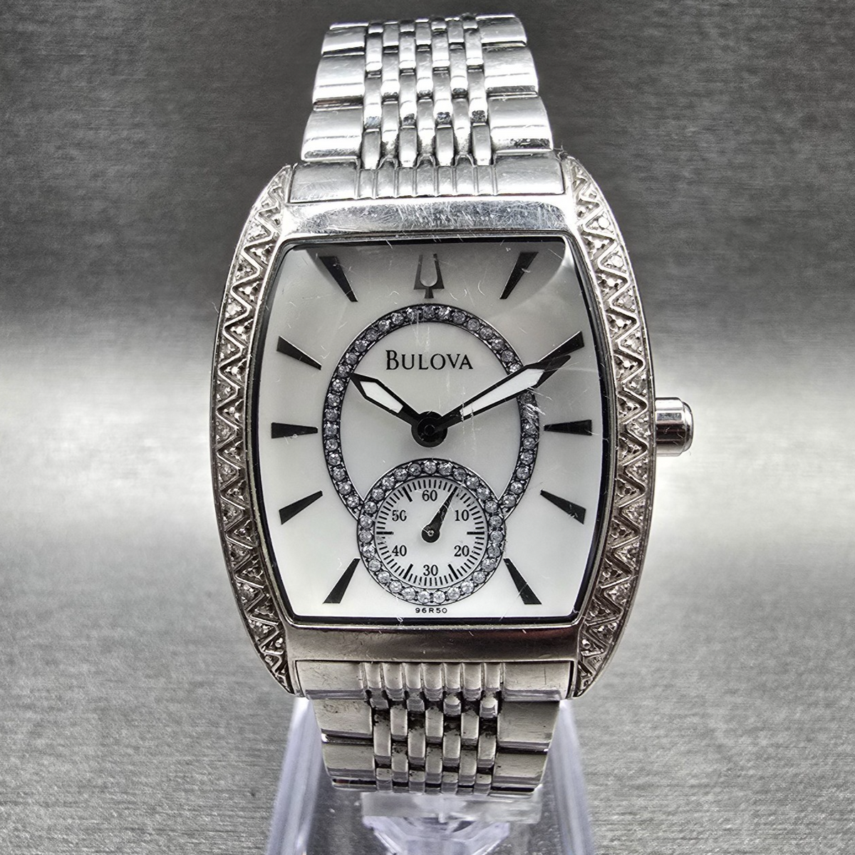 Bulova Watch Women 30mm MOP Dial Silver Tone Gemmed Tonneau 96R50 New Battery0
