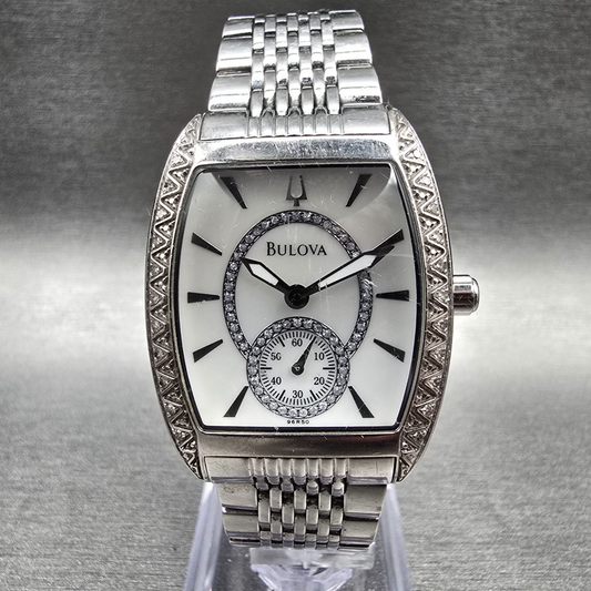 Bulova Watch Women 30mm MOP Dial Silver Tone Gemmed Tonneau 96R50 New Battery0
